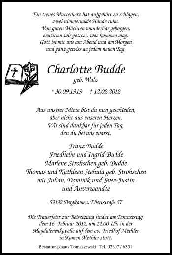 Traueranzeige von Charlotte Budde von Tageszeitung