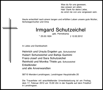 Traueranzeige von Irmgard Schutzeichel von Tageszeitung