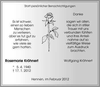Traueranzeige von Rosemarie Kröhnert von Tageszeitung