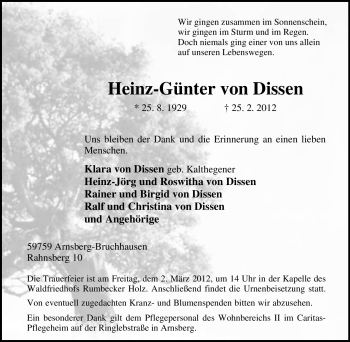 Traueranzeige von Heinz-Günter von Dissen von Tageszeitung