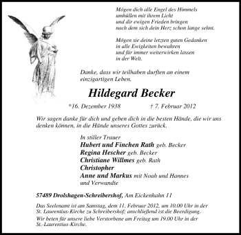 Traueranzeige von Hildegard Becker von Tageszeitung