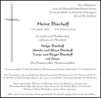 Traueranzeige von Heinz Bischoff von Tageszeitung