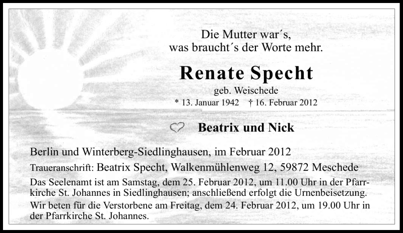 Traueranzeige für Renate Specht vom 22.02.2012 aus Tageszeitung