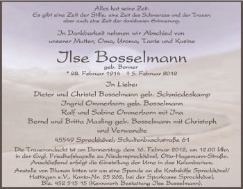 Traueranzeige von Ilse Bosselmann von Tageszeitung