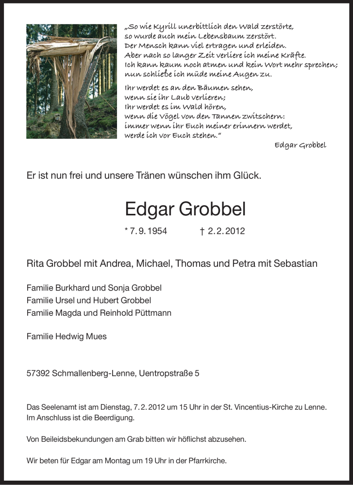  Traueranzeige für Edgar Grobbel vom 04.02.2012 aus Tageszeitung