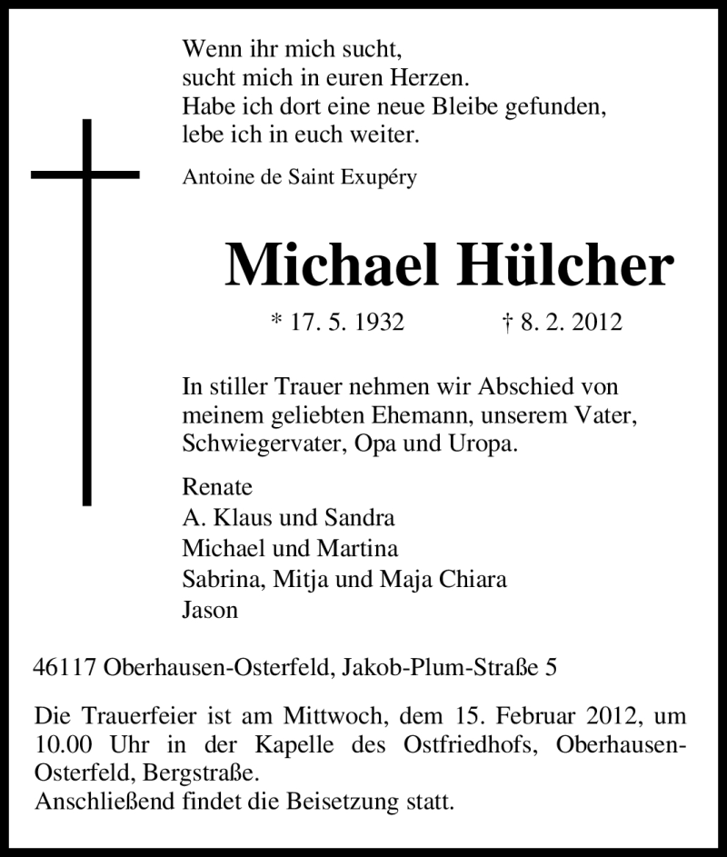  Traueranzeige für Michael Hülcher vom 11.02.2012 aus Tageszeitung
