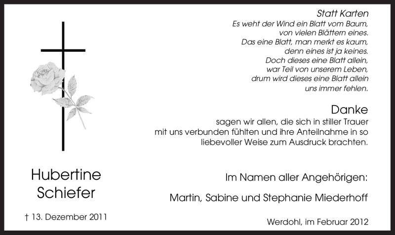 Traueranzeige für Hubertine Schiefer vom 04.02.2012 aus Tageszeitung