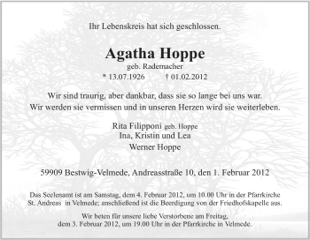 Traueranzeige von Agatha Hoppe von Tageszeitung