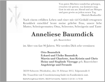Traueranzeige von Anneliese Baumdick von Tageszeitung