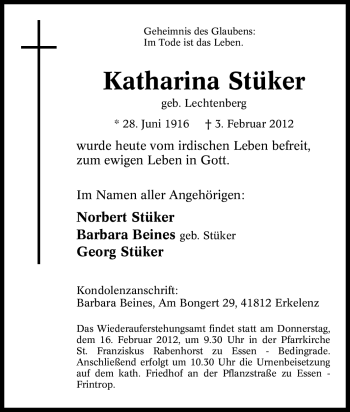 Traueranzeige von Katharina Stüker von Tageszeitung