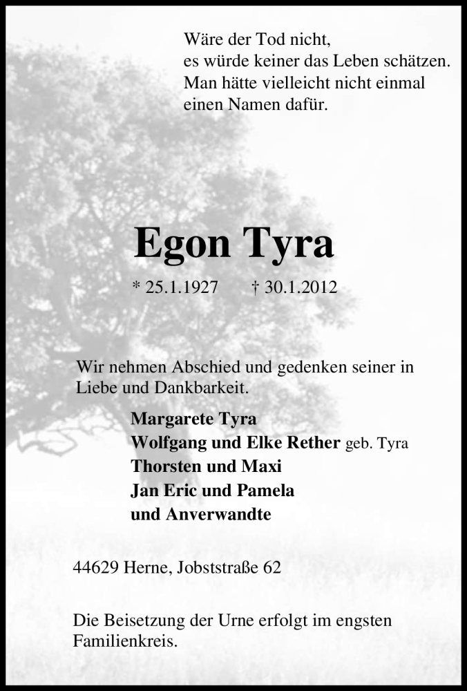  Traueranzeige für Egon Tyra vom 04.02.2012 aus Tageszeitung