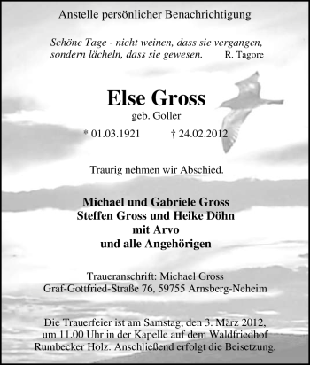 Traueranzeige von Else Gross von Tageszeitung