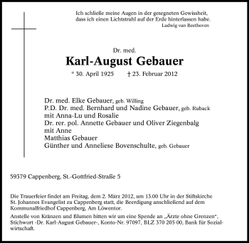 Traueranzeige von Karl-August Gebauer von Tageszeitung