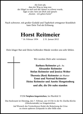 Traueranzeige von Horst Reitmeier von Tageszeitung