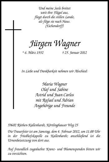 Traueranzeige von Jürgen Wagner von Tageszeitung