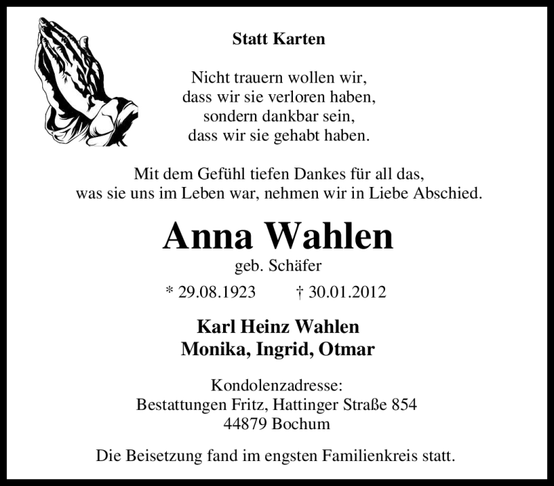 Traueranzeigen von Anna Wahlen TrauerinNRW.de