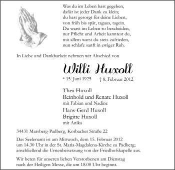 Traueranzeige von Willi Huxoll von Tageszeitung