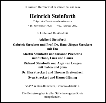 Traueranzeige von Heinrich Steinforth von Tageszeitung