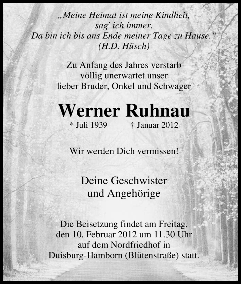  Traueranzeige für Werner Ruhnau vom 04.02.2012 aus WESTDEUTSCHE ALLGEMEINE ZEITUNG