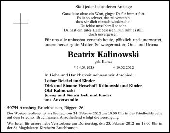 Traueranzeige von Beatrix Kalinowski von Tageszeitung