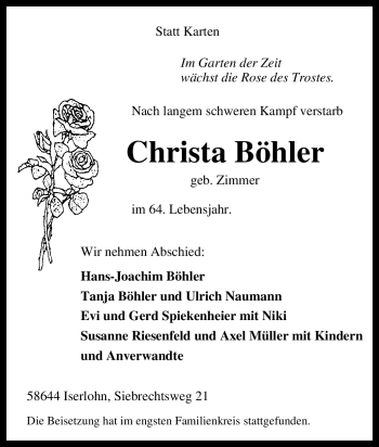 Traueranzeige von Christa Böhler von Tageszeitung