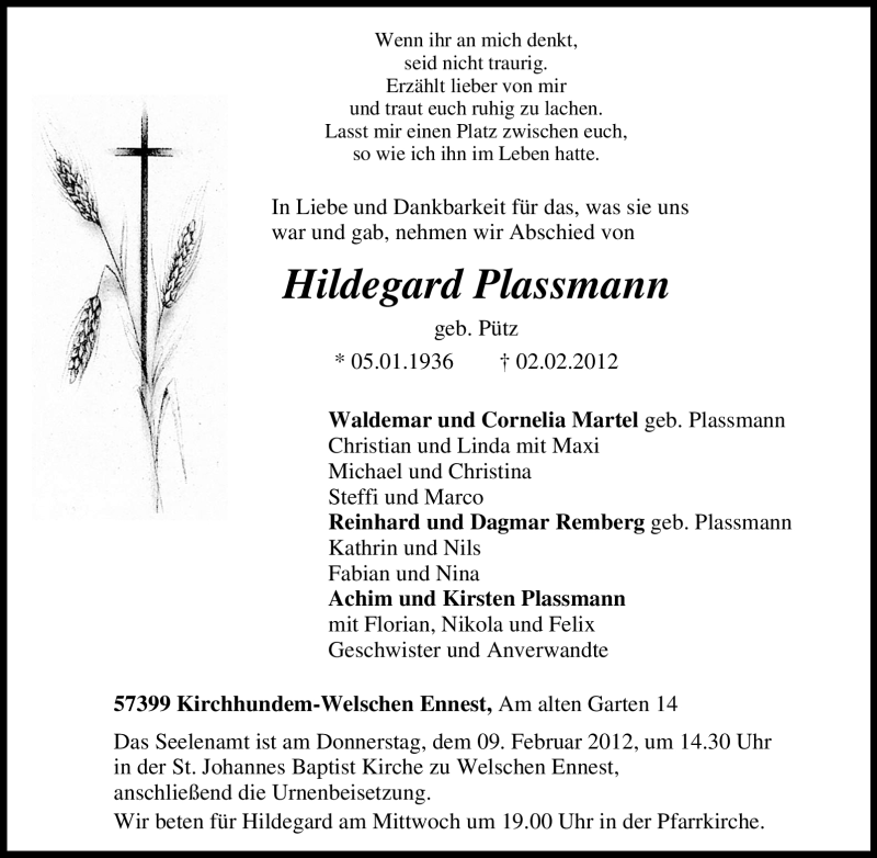  Traueranzeige für Hildegard Plassmann vom 04.02.2012 aus Tageszeitung