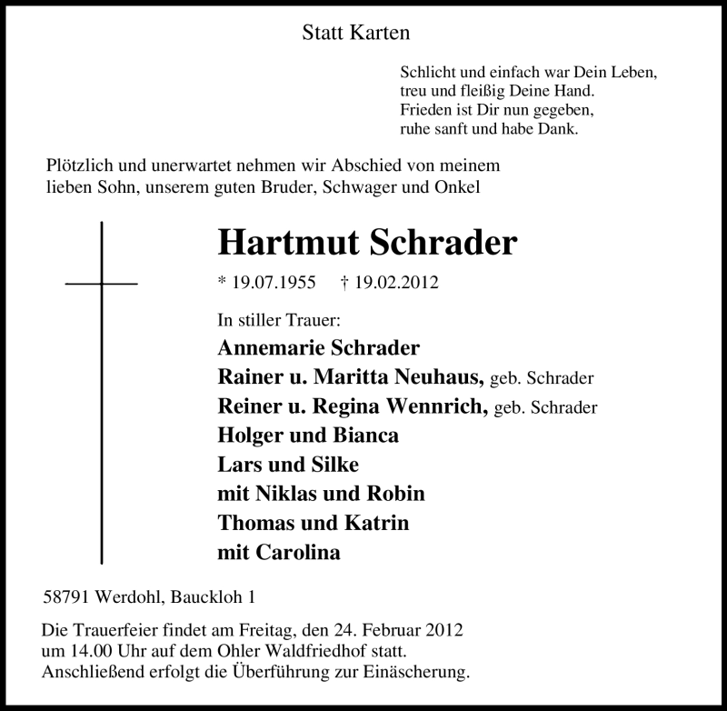  Traueranzeige für Hartmut Schrader vom 22.02.2012 aus Tageszeitung