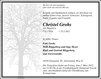 Traueranzeige von Christel Grohs von Tageszeitung