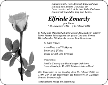 Traueranzeige von Elfriede Zmarzly von Tageszeitung