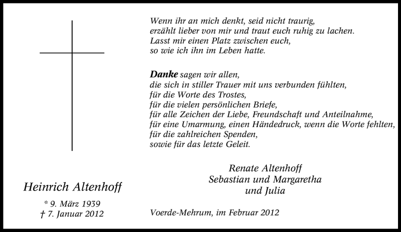  Traueranzeige für Heinrich Altenhoff vom 18.02.2012 aus Tageszeitung