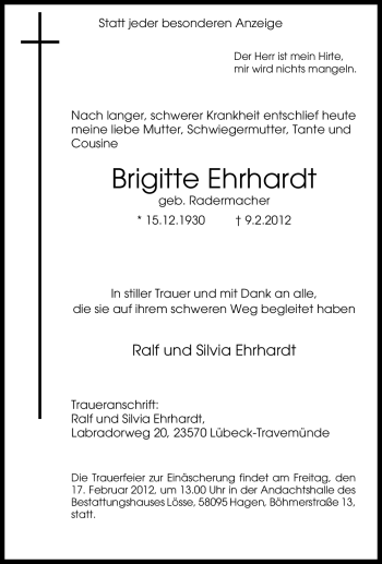 Traueranzeige von Brigitte Ehrhardt von Tageszeitung
