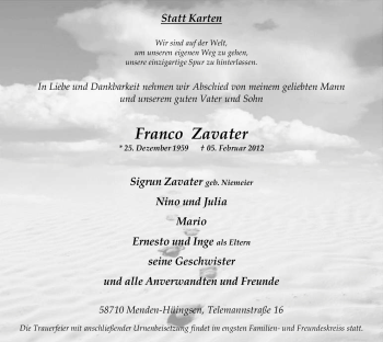 Traueranzeige von Franco Zavater von Tageszeitung