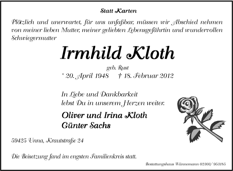  Traueranzeige für Irmhild Kloth vom 27.02.2012 aus Tageszeitung