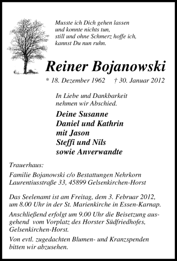 Traueranzeige von Reiner Bojanowski von Tageszeitung