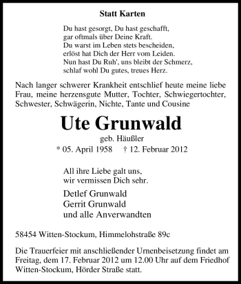 Traueranzeige von Ute Grunwald von Tageszeitung