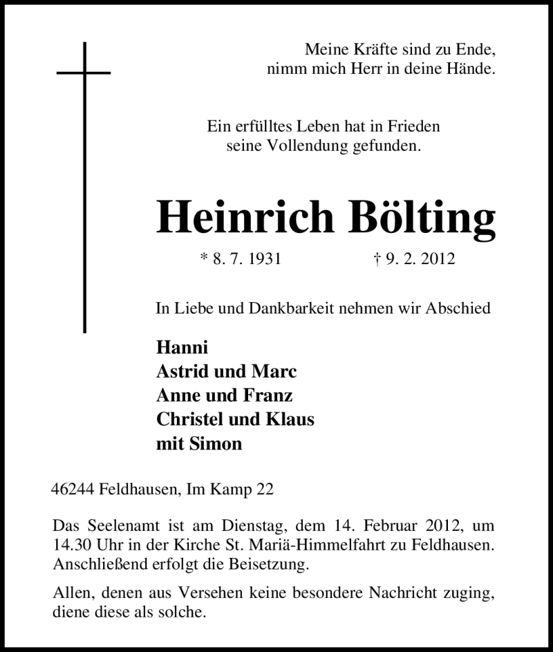  Traueranzeige für Heinrich Bölting vom 11.02.2012 aus Tageszeitung
