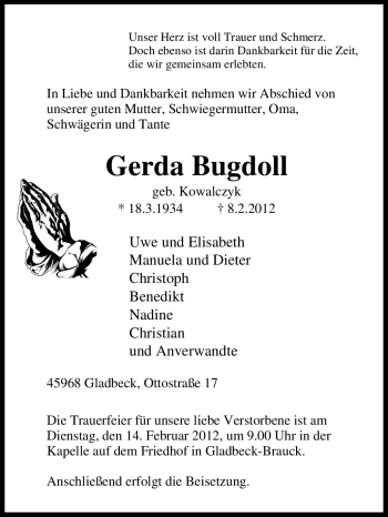 Traueranzeige von Gerda Bugdoll von Tageszeitung