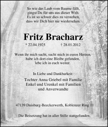 Traueranzeige von Fritz Bracharz von Tageszeitung