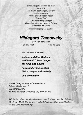 Traueranzeige von Hildegard Tamowsky von Tageszeitung