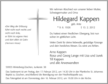 Traueranzeige von Hildegard Kappen von Tageszeitung
