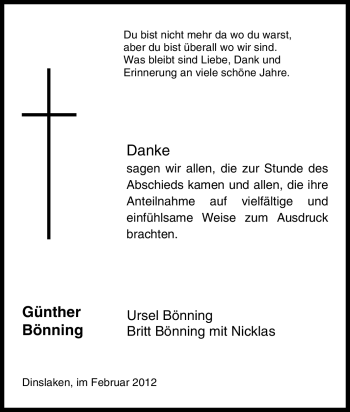 Traueranzeige von Günther Bönning von Tageszeitung
