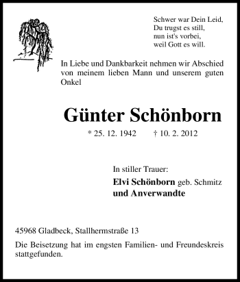 Traueranzeige von Günter Schönborn von Tageszeitung