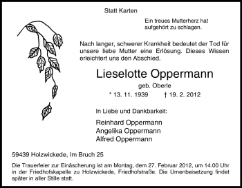 Traueranzeige von Lieselotte Oppermann von Tageszeitung