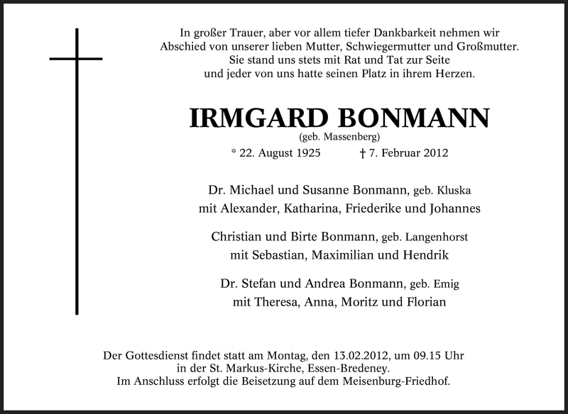  Traueranzeige für Irmgard Bonmann vom 11.02.2012 aus Tageszeitung