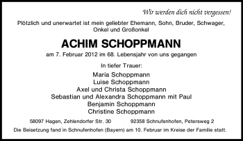 Traueranzeige von Achim Schoppmann von Tageszeitung