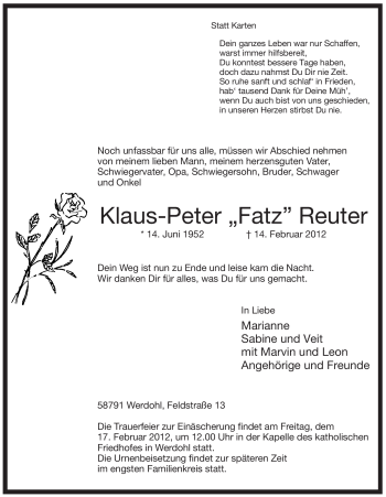 Traueranzeige von Klaus-Peter Reuter von Tageszeitung