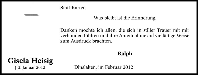  Traueranzeige für Gisela Heisig vom 15.02.2012 aus Tageszeitung