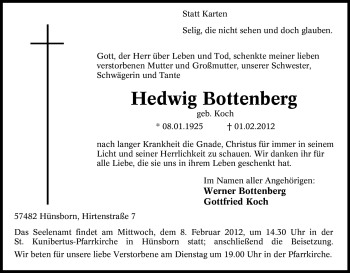 Traueranzeige von Hedwig Bottenberg von Tageszeitung