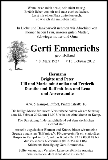 Traueranzeige von Gerti Emmerichs von Tageszeitung