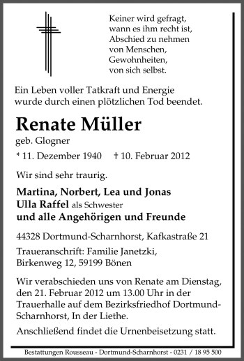 Traueranzeige von Renate Müller von Tageszeitung